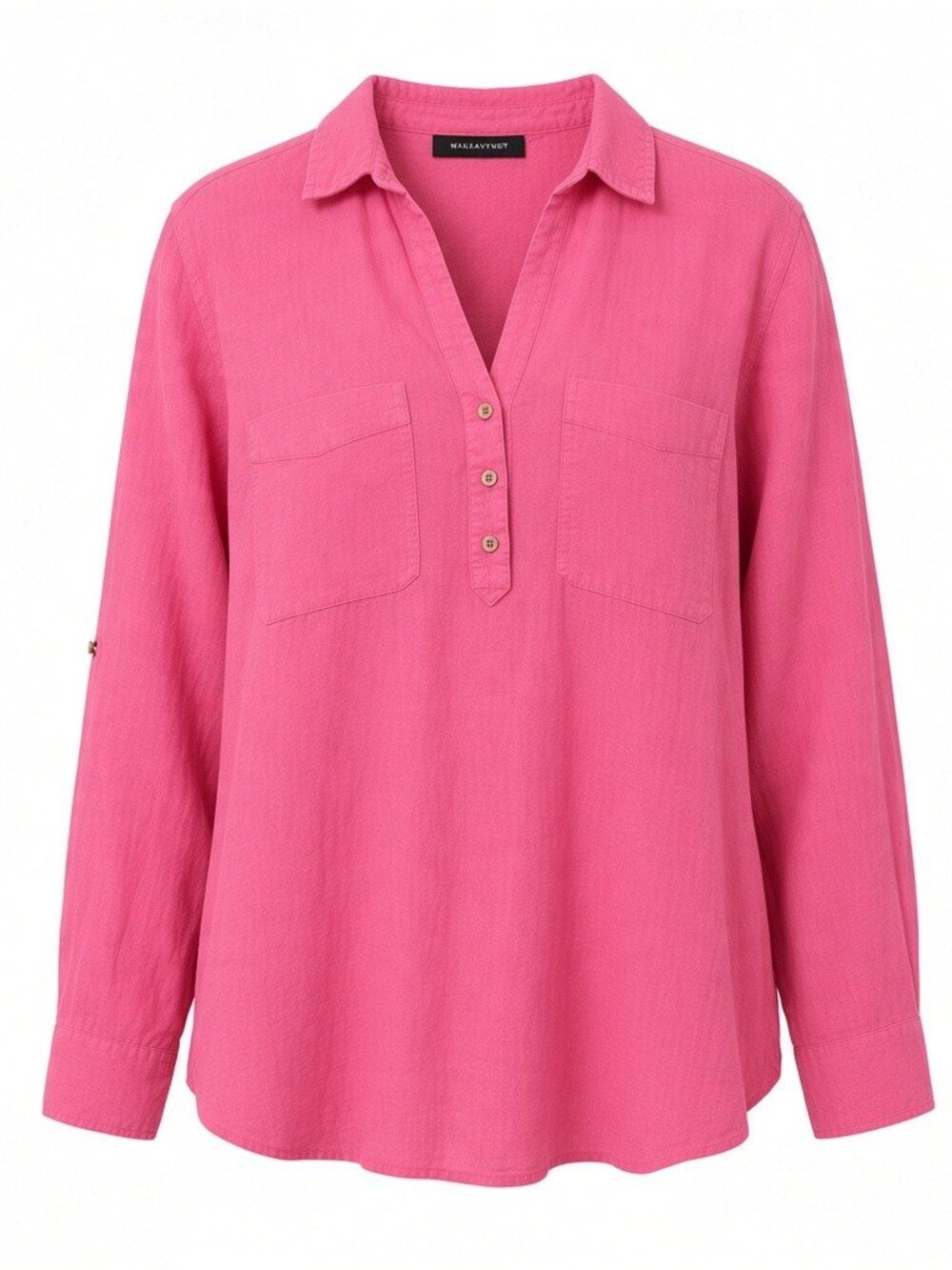 Zara Hot Pink 100% Linen Long Sleeve Button V-Neck Shirt L